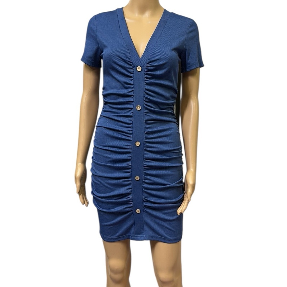 Beyove Blue Ruched Bodycon Ribbed V Neck Button Front Short Sleeve Mini Dress S - Picture 3 of 12